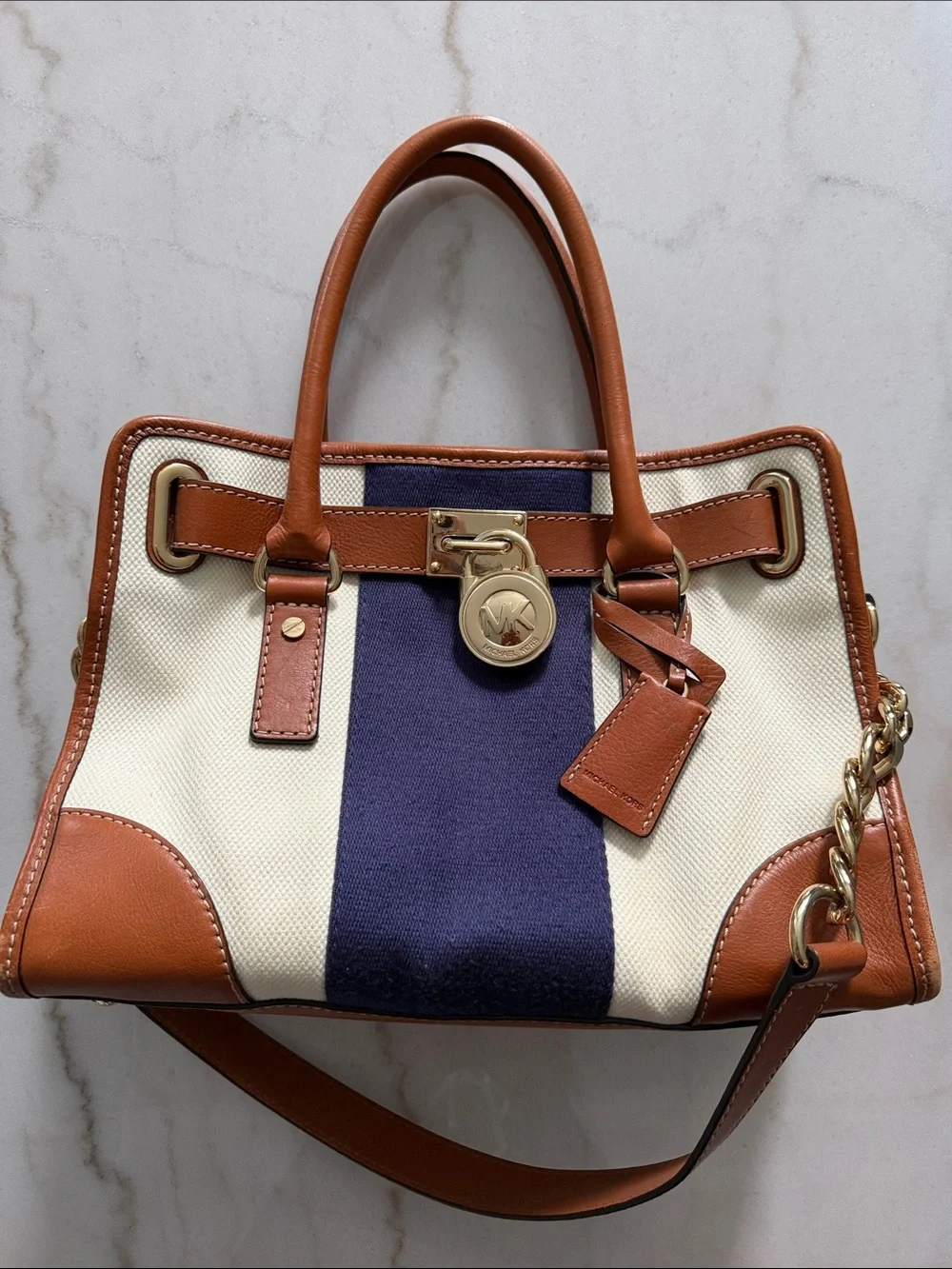 Michael Kors Cream & Navy Stripe Canvas Satchel with Tan Trim
